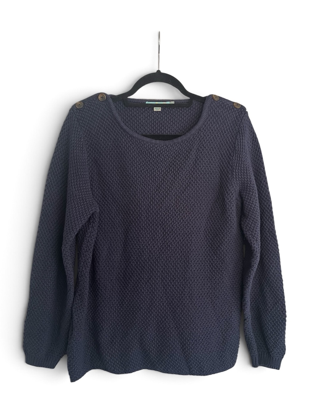 Boden Navy Blue Knit Sweater Womens Button Shoulder Preppy Equestrian Classic 12